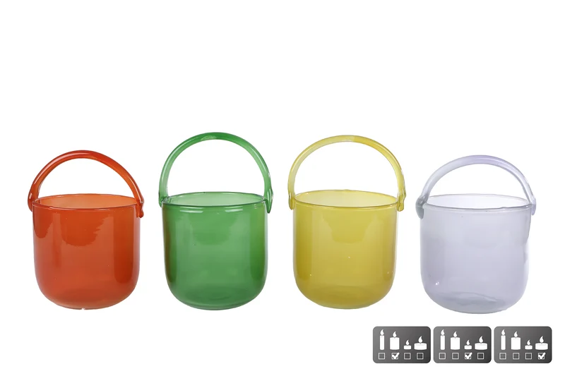 Theelichthouder/hengselmand "Zia" L geel/groen/paars/rood 4 assortie