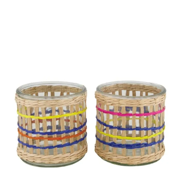 Tealight holder with rattan glass 12x12x12cm 2 assorted colors