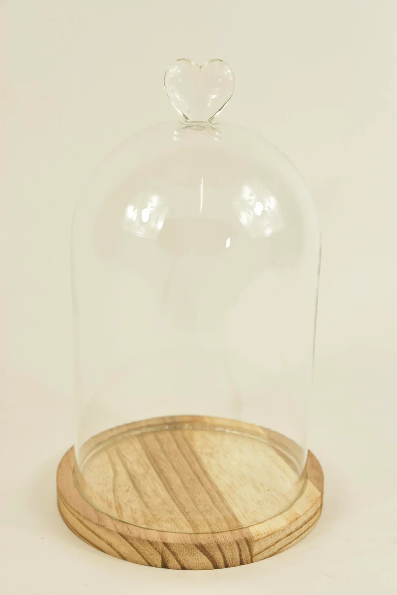 BELL GLASS HEART D14X22H ON WOODEN BASE NATURAL