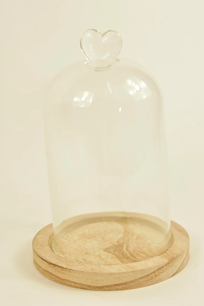 BELL GLASS HEART D13X19H ON WOODEN BASE NATURAL
