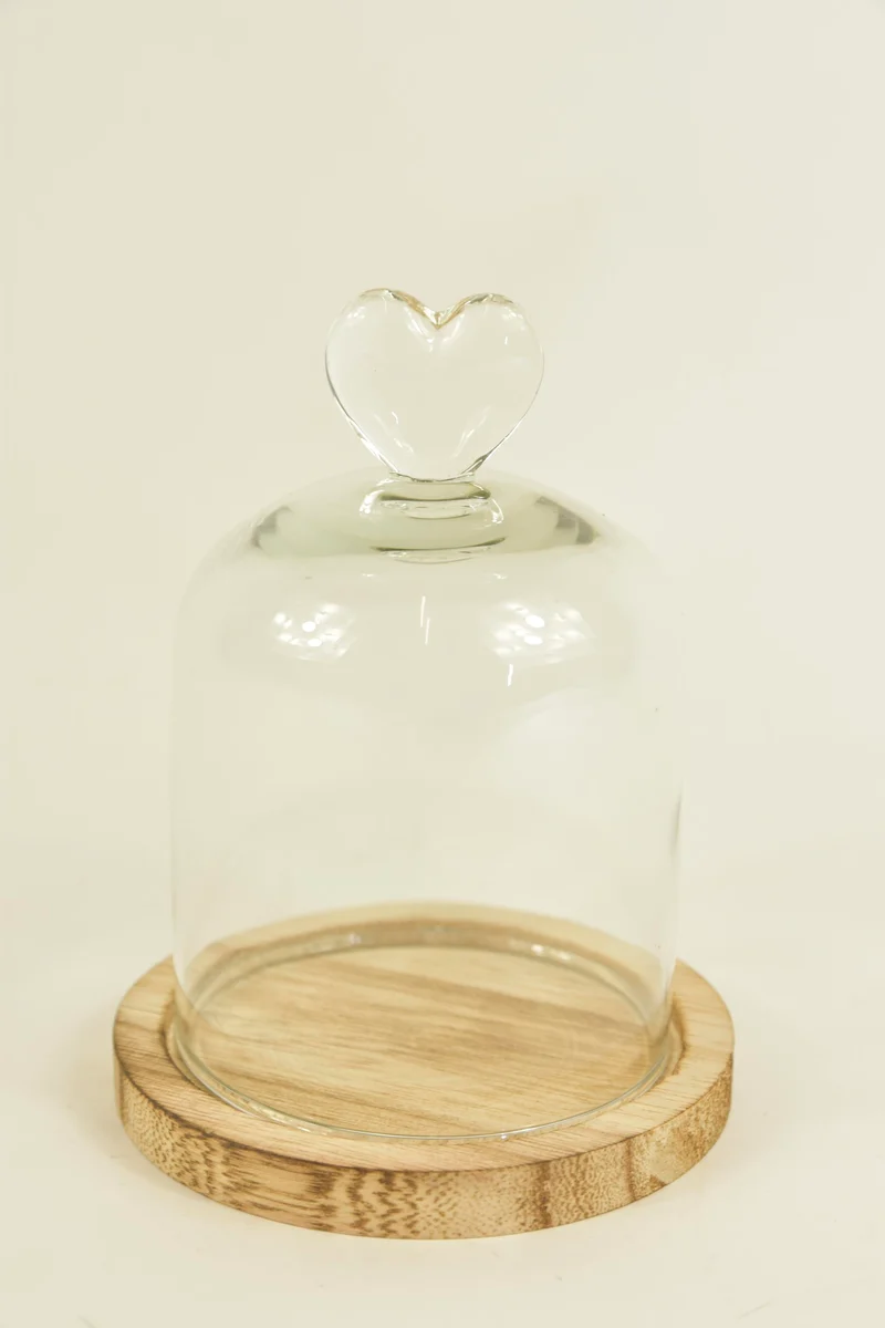 BELL GLASS HEART D10X13,5H ON WOODEN BASE NATURAL