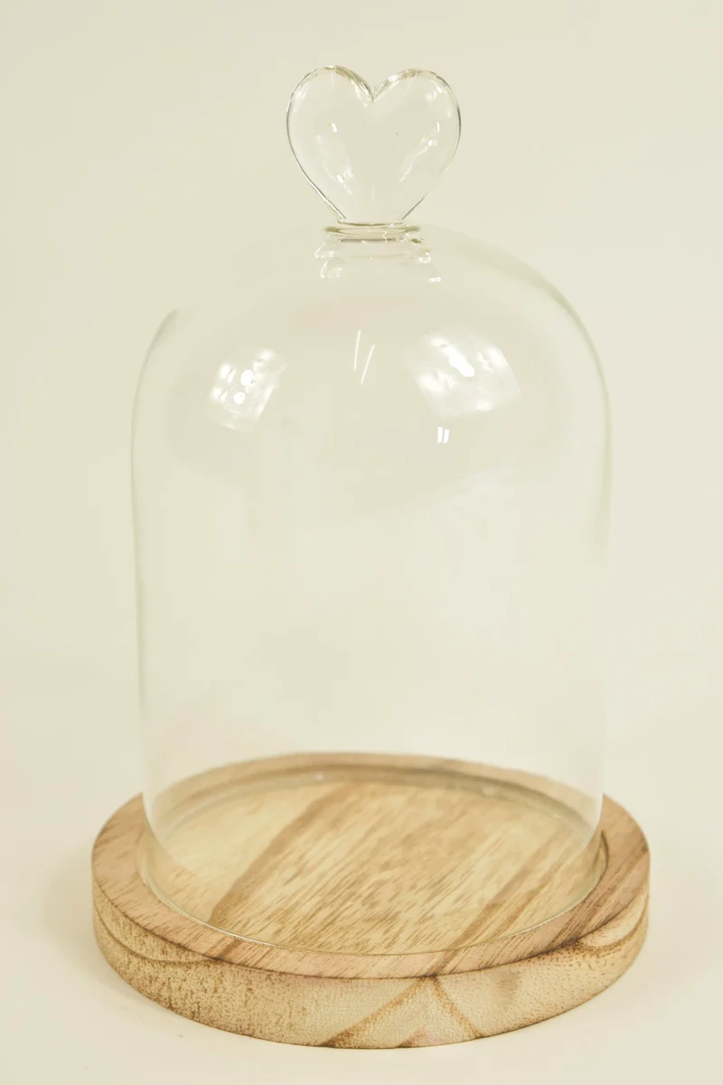 BELL GLASS HEART D11X16,5H ON WOODEN BASE NATURAL