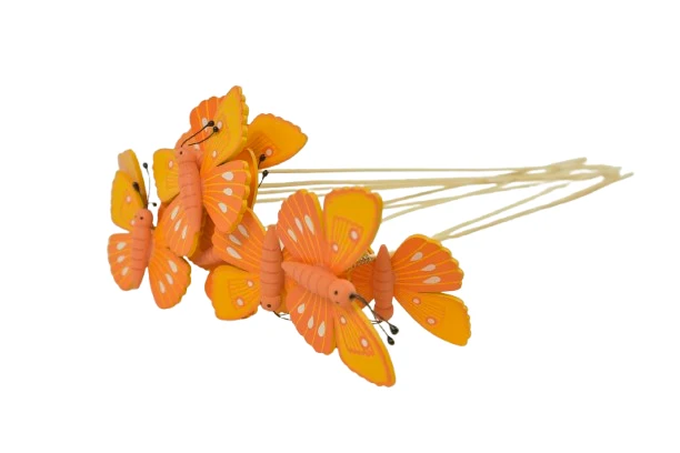 Pak á 10 Vlinder oranje hout op 50cm stok