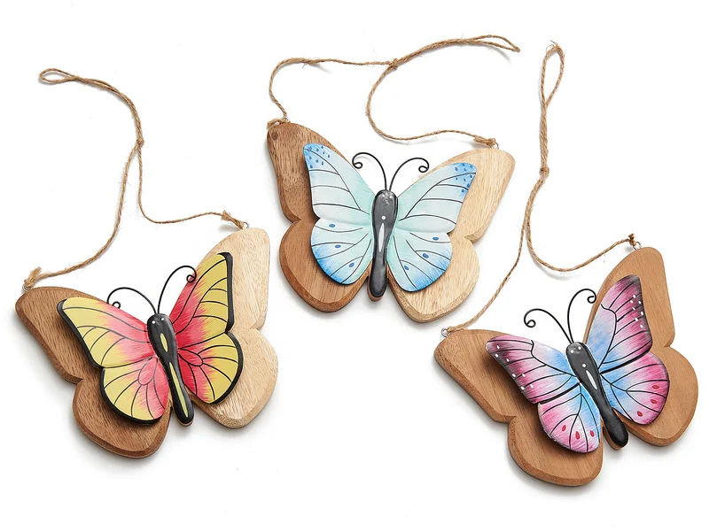 Hanger vlinder 'Yara' hout 3 assorti ±18x13cm