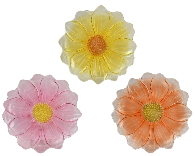 Glazen bord bloem 3 kleur assortie dia30.5cm x H.2.5cm