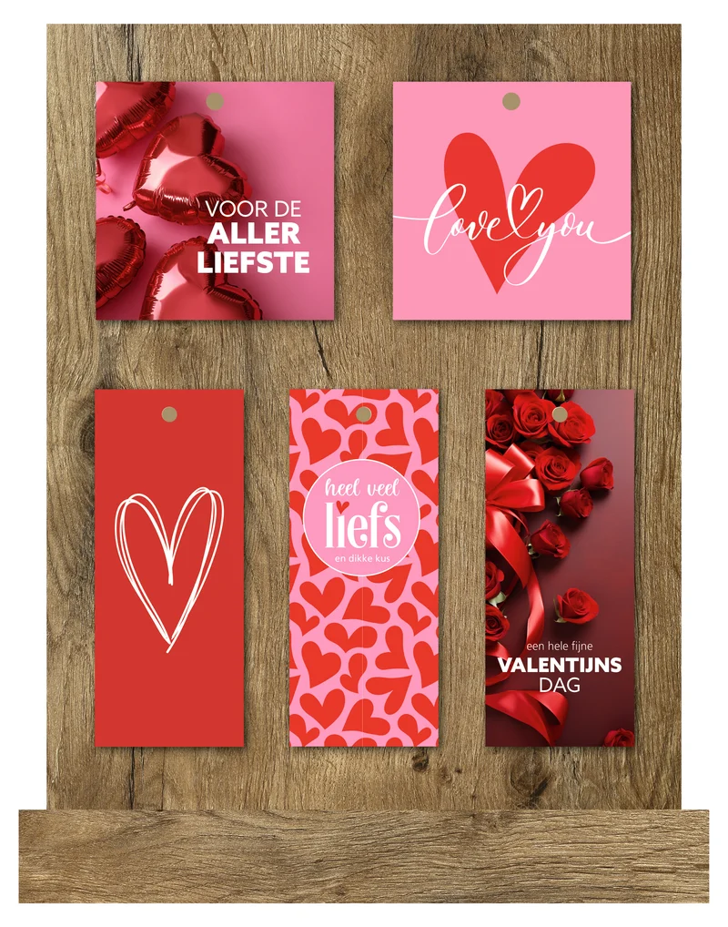 Display met 60 kadokaartjes in 5 motieven ''Valentijn''