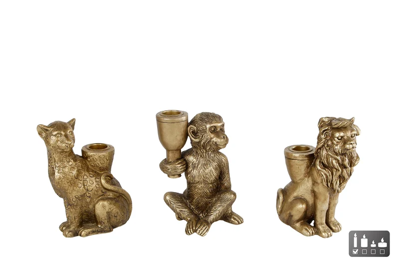 Kandelaar "Monkey/Leopard/Lion" goud a3 polystone 11x6x15cm
