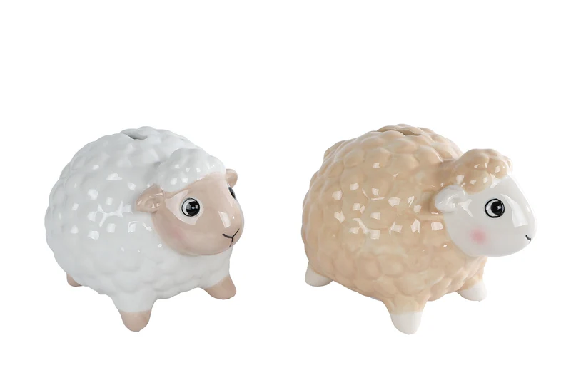 Spaarpot "Sheep" wit/beige 2 assortie aardewerk 12x10x9cm