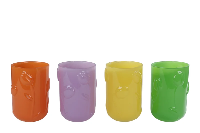 Vaas/windlicht "Fem" or/gr/gl/prs 4 assortie glas 13,5x13,5x18,5cm