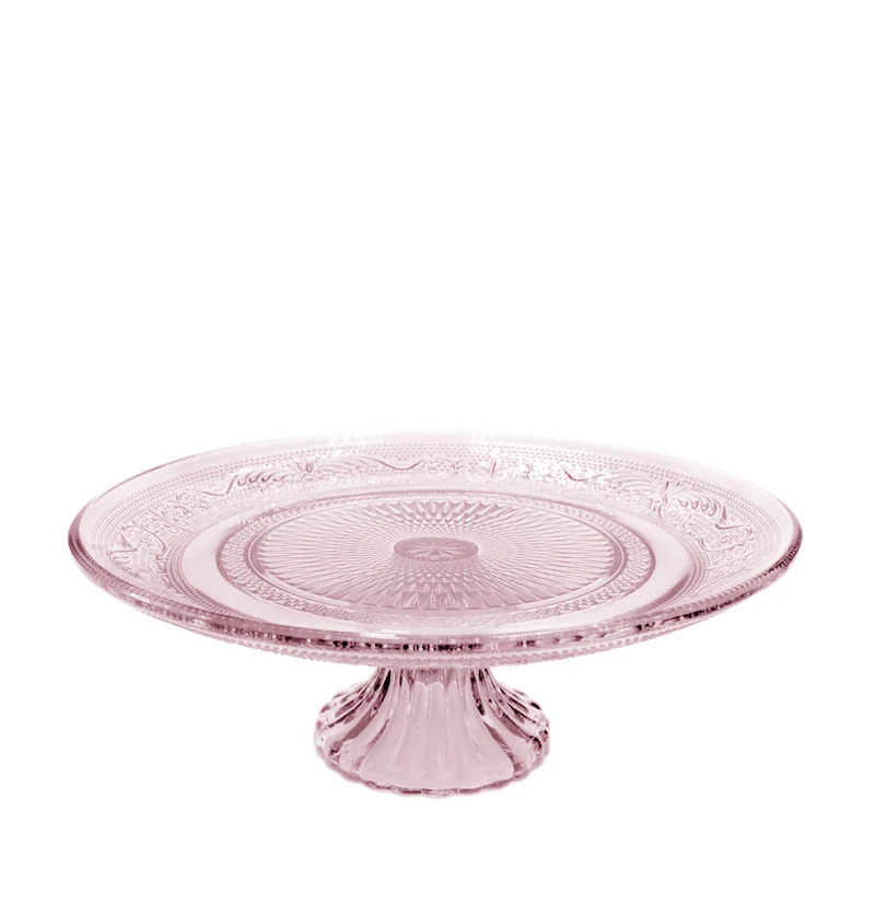 Glazen taartplateau met voetstuk Ø23xH8cm roze
