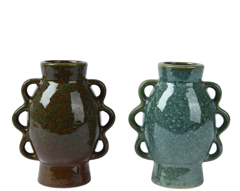 Vaas porselein 2 assortie 12x8x13,5cm turquoise/groen