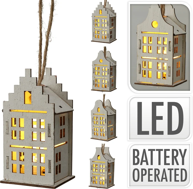 SLINGER MET HOUTEN 10X HUISJE LED 150CM NATURAL EXCL. 2X AA BATTERIJ