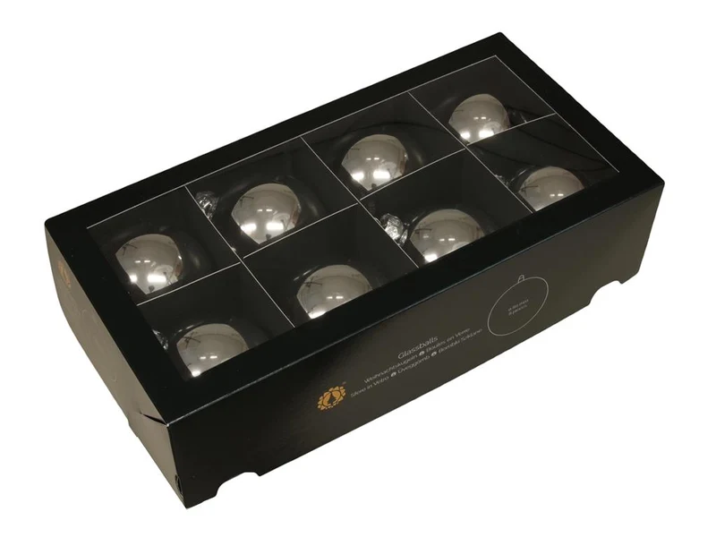 w/b. 8 glassballs/cap silver shiny 80 mm