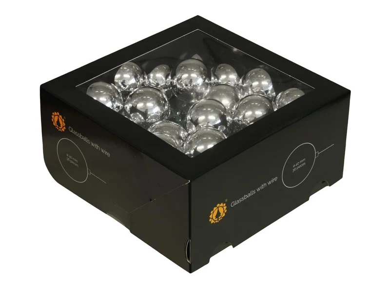 w/b. 36 glassballs/wire silver shiny 40 mm