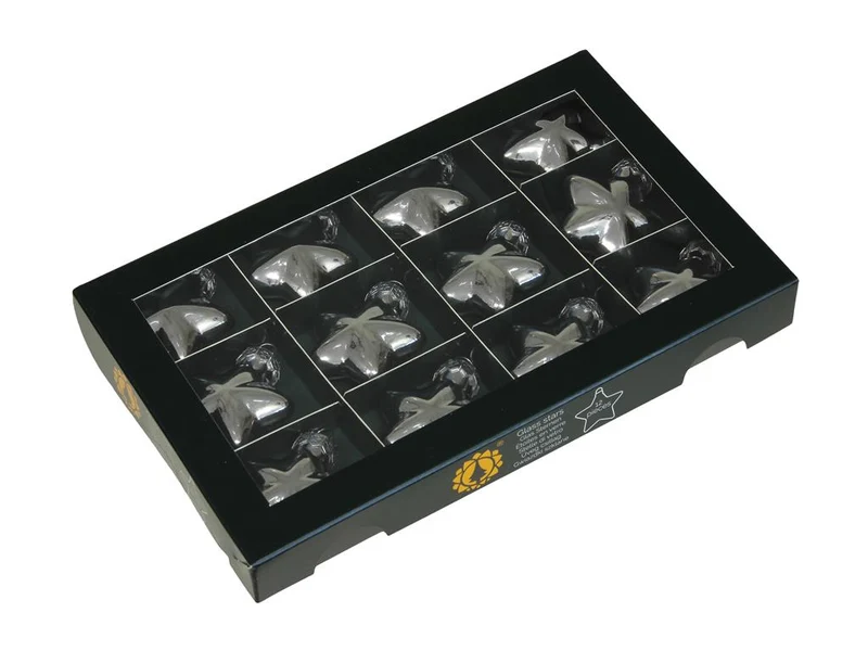 w/b. 12 glass stars/cap silver shiny 40 mm