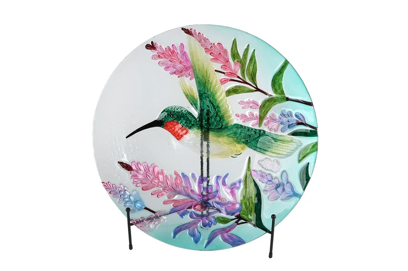 Schaal "Kolibri" m/standaard groen/rose glas 46x46x7cm