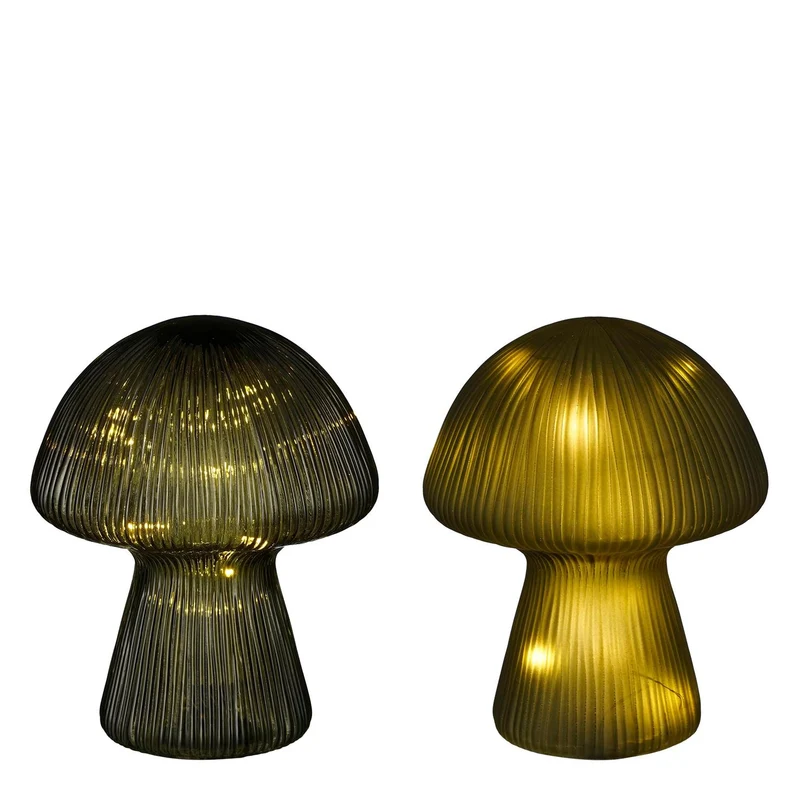 Lamp paddestoel glas groen 2 ass 15 led battery - h20xd16cm