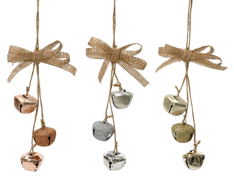 Metalen bellen aan touw 3 kleuren assortie 3,5x8x14cm