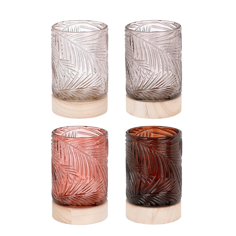 Theelicht houder op houten voet offwhite grijs roze bruin 4 assortie h14xd8,5cm