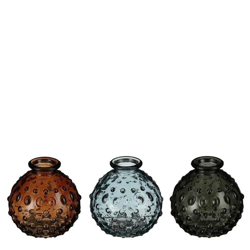 Vaas glas d.groen bruin blauw 3 assorti - h8xd8,5cm