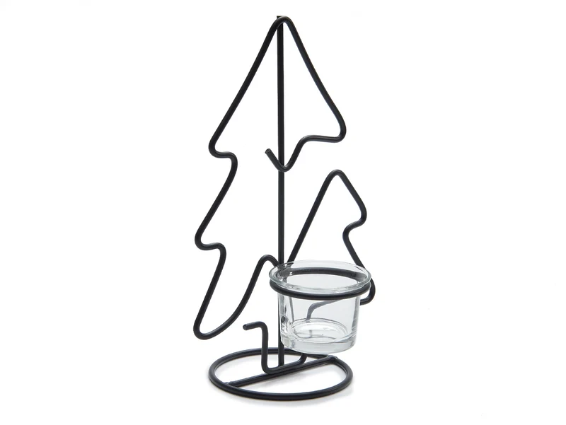 Metal Xmas tree candle holder 23cm black + glass