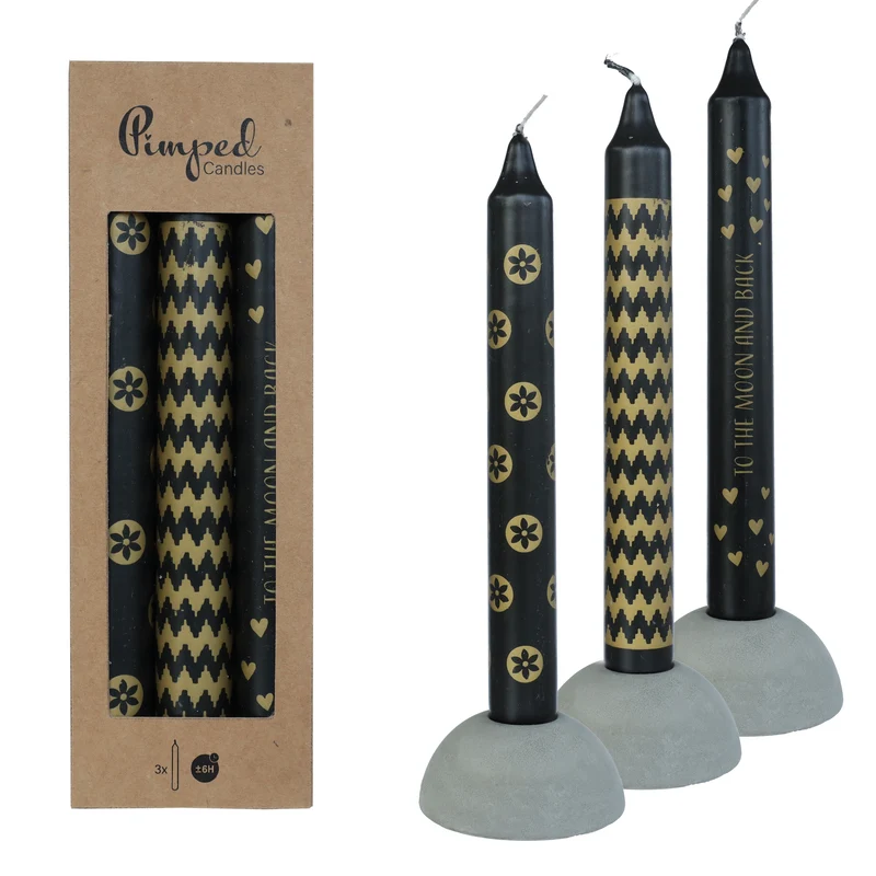 Pimped candles To the moon Ø2,2 h.20 cm black & gold Set van 3 assortie