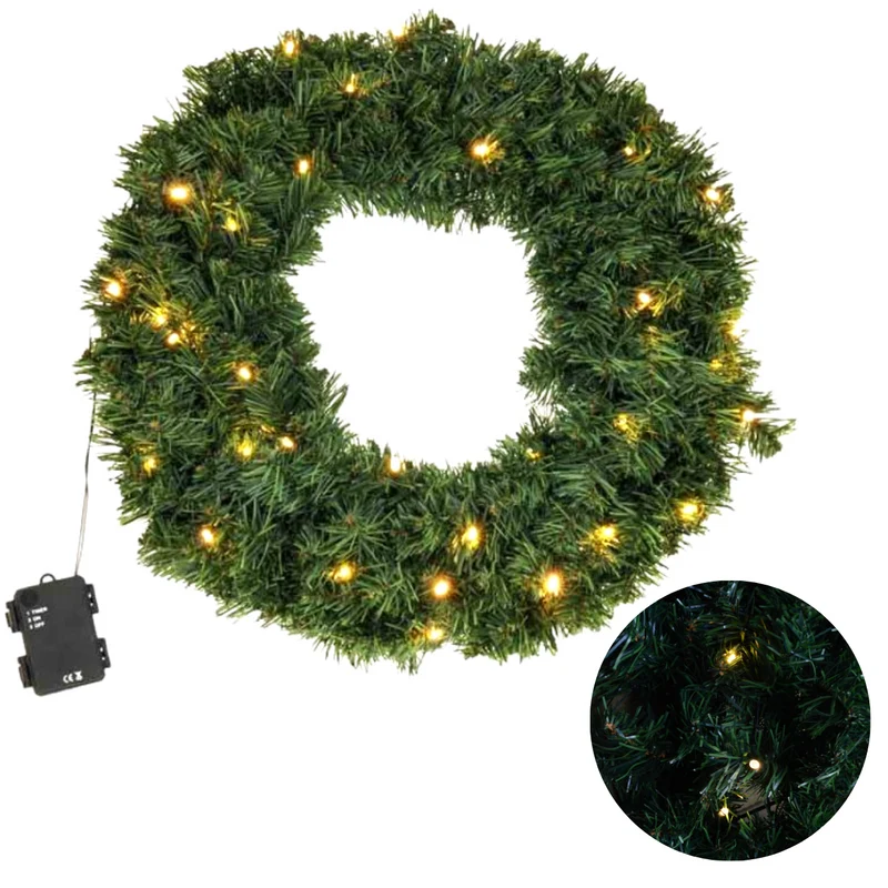 Cheqo® Kerstkrans met LED Verlichting - Krans - Kerstdecoratie - Kerstmis - Met Timer Functie - ø50 cm