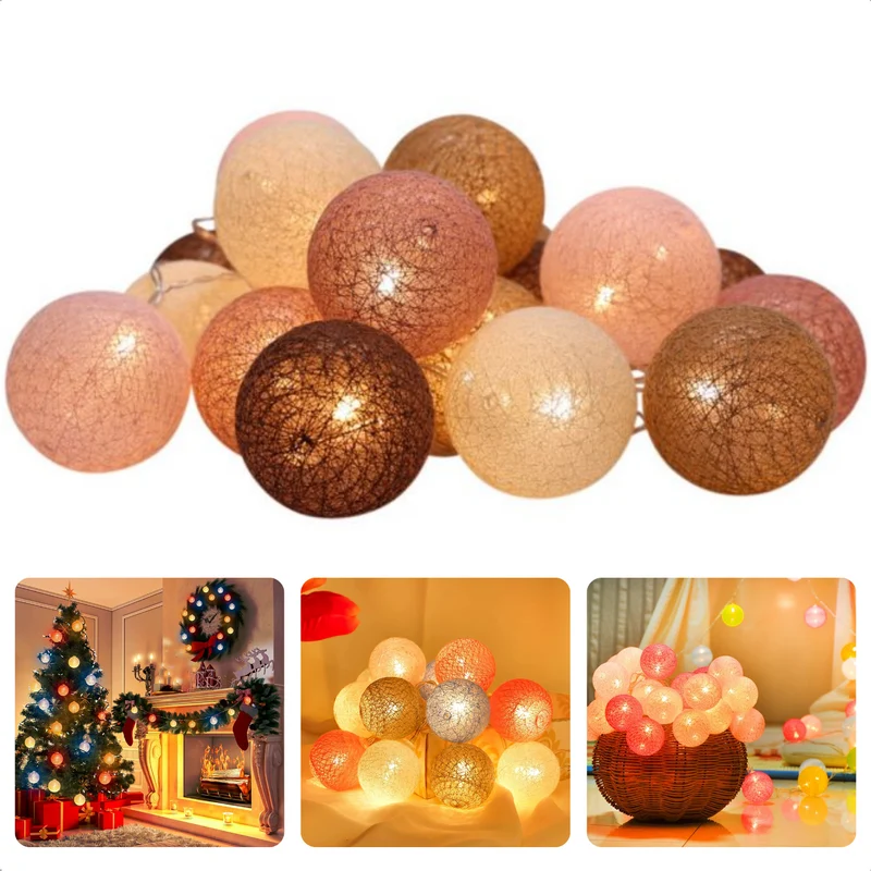 Cheqo® Decoratieslinger Verlicht - 20 LED Lampionnen Katoen - Timer - 6u Aan/18u Uit - Lengte Van 3 Meter - ø6cm Diameter - Voor Binnen En Buiten - Lichtsnoer - Tuinverlichting - Feestverlichting - 20-delige set - Sfeerverlichting