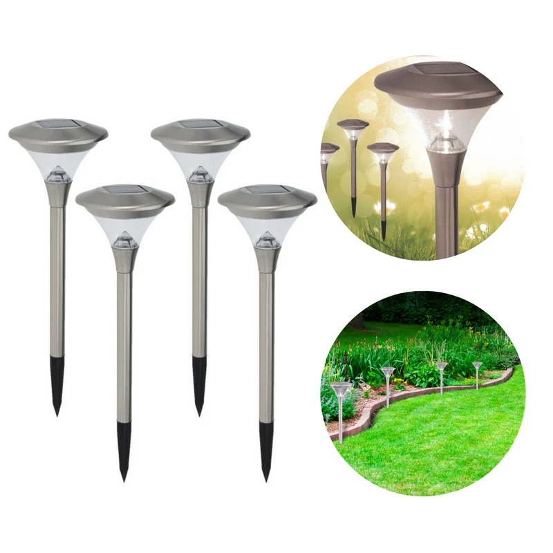 Cheqo® Solar Tuinverlichting - Tuinlampen op Zonneenergie - Padverlichting Zonne-Energie - RVS - Grondpin - Tuin Verlichting - Buitenverlichting - ø14cm - 47cm Hoog - 4 Stuks
