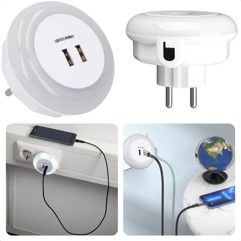 Cheqo® Automatische Nachtlamp met USB-Lader - Nachtlampje - Stekkerlamp - 4 LED's - Aan/Uit Knop
