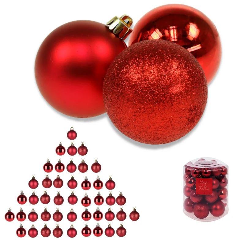 Cheqo® XL Kerstballen Set - Rode Kerstballenset - 44 Stuks - Onbreekbaar Plastic - Rood