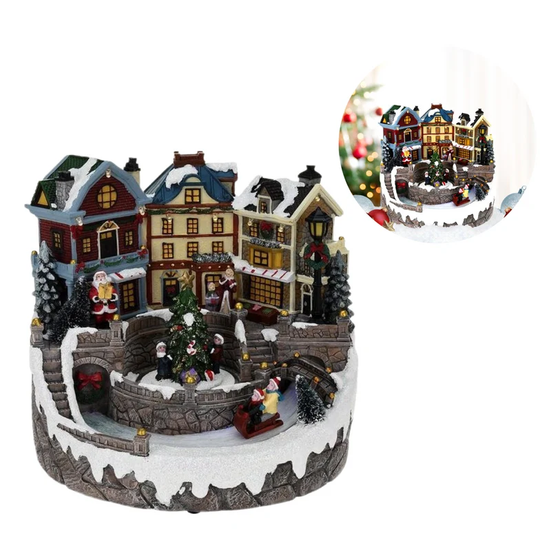 Cheqo® Kerstdorp - Kersttafereel - Kerstdecoratie - Met LED Licht en Bewegende Slee