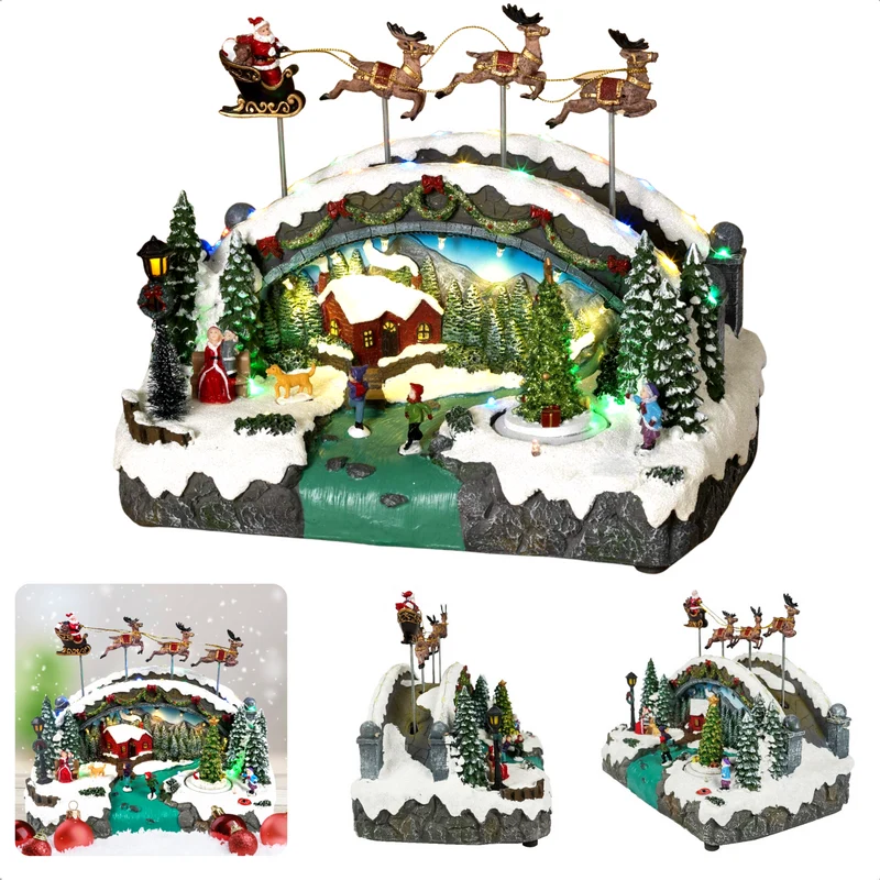 Cheqo® Kerstdorp - Kersttafereel - Kerstman in Slee - Verlichting, Beweging & Muziek - 37 LED Lampjes - Met Adapter