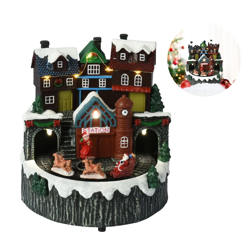 Cheqo® Kerstdorp met Treinstation - Kersttafereel - Kerstdecoratie - Met LED Licht en Bewegende Slee