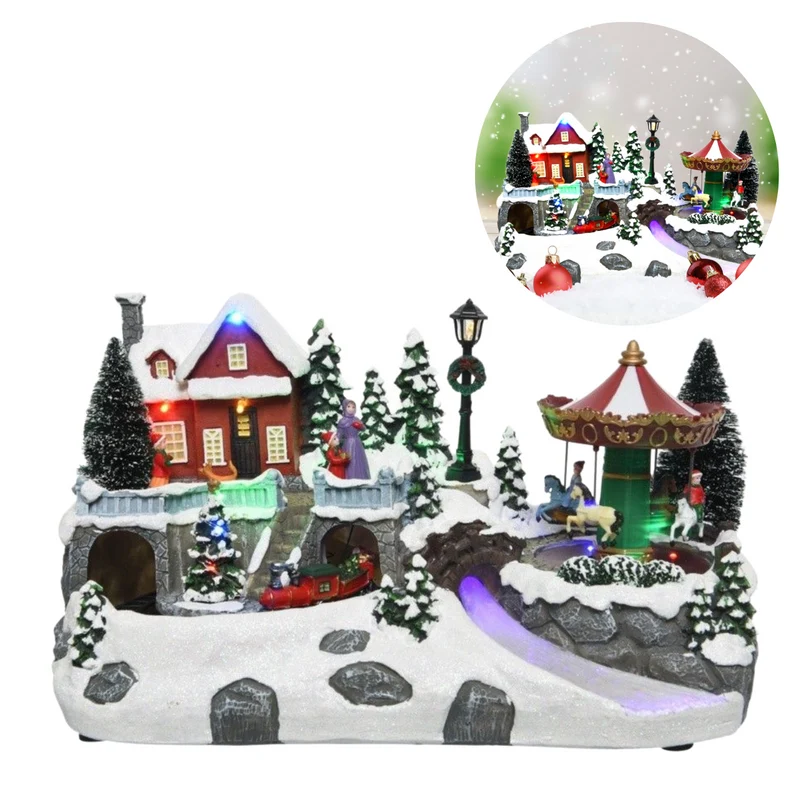 Cheqo® Kerstdorp met Draaimolen - Kersttafereel - Kermis - Kerstdecoratie - Met LED Licht en Bewegende Trein