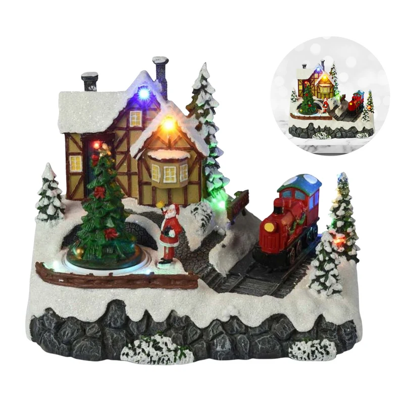Cheqo® Kerstdorp met Trein - Kersttafereel - Treinstation - Kerstdecoratie - Met LED Licht en Bewegende Trein