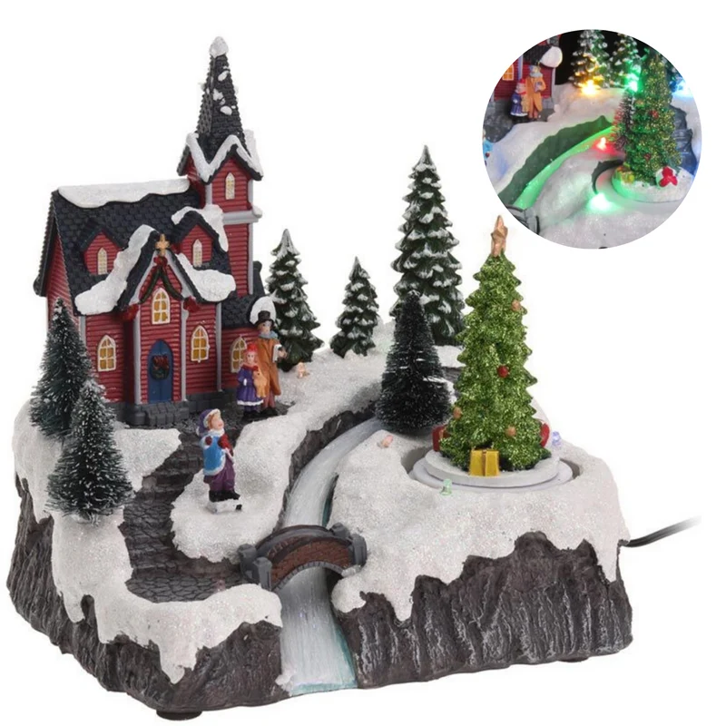 Cheqo® Kerstdorp met Kersthuisje - Kersttafereel - Kerstdecoratie - Met LED Licht - Kerk en Bewegende Kerstboom