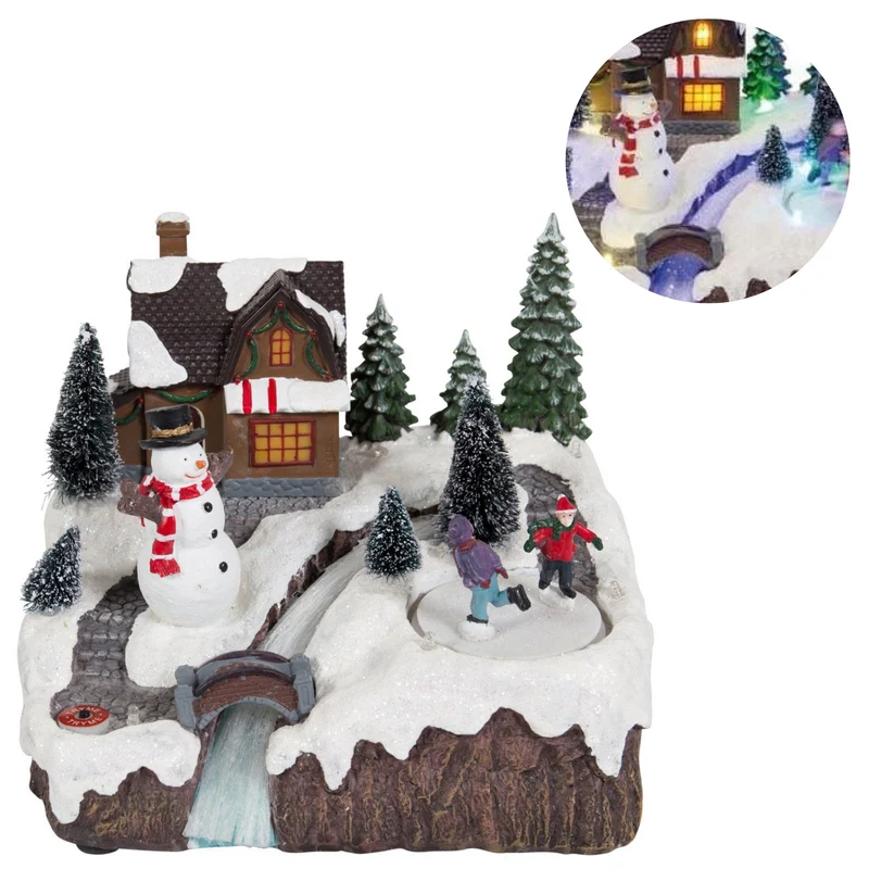 Cheqo® Kerstdorp met Kersthuisje - Kersttafereel - Kerstdecoratie - Met LED Licht - Sneeuwpop en Bewegende IJsbaan