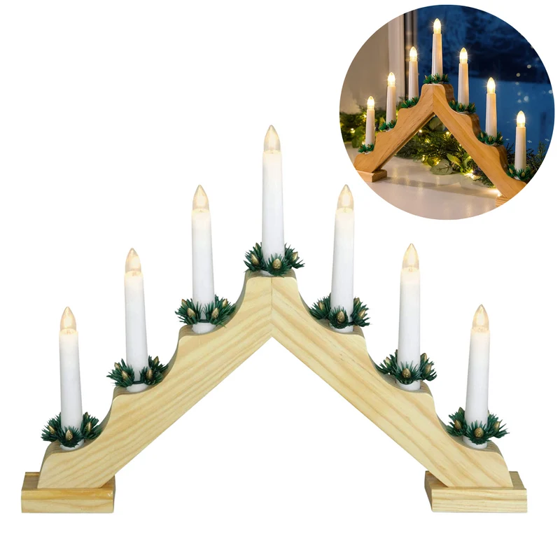 Cheqo® LED Kaarsen - Kandelaar - Kaarsenbrug - Kaarsenstandaard - Hout - 7 Witte LEDs