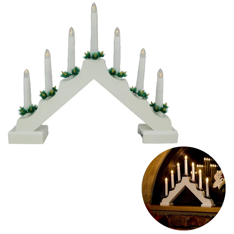 Cheqo® LED Kaarsen - Kandelaar - Kaarsenbrug - Kaarsenstandaard - Hout - 7 Warm Witte LEDs - Met Timer