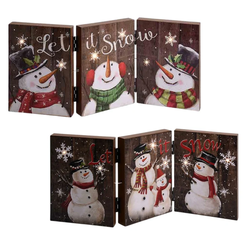 Cheqo® Kerstdecoratie Sneeuwpop - Lichtgevend Drieluik - Kerstverlichting - Kerstdeco - Houten Decoratie met Licht