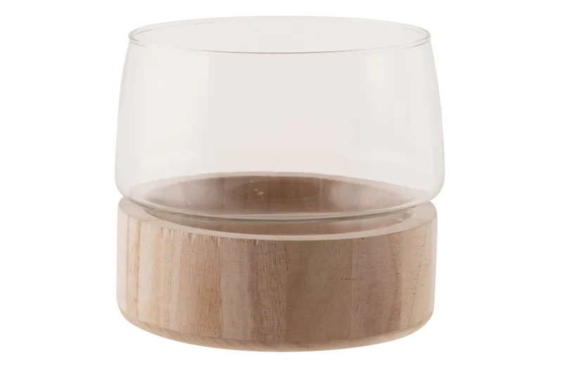 Vase with wooden base glass 16.5x16.5x14.5cm Transparent