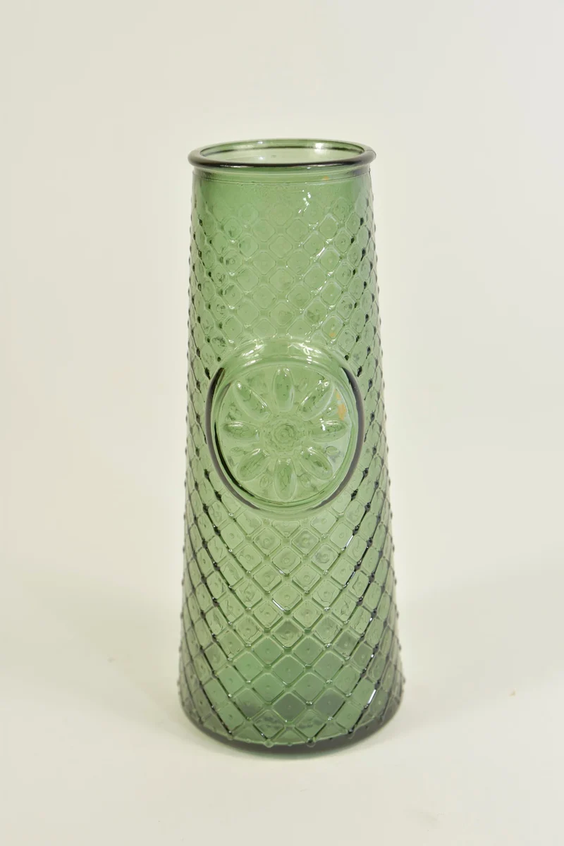 Fles Mandala Olijfgroen recycleglas D6,5 H16cm