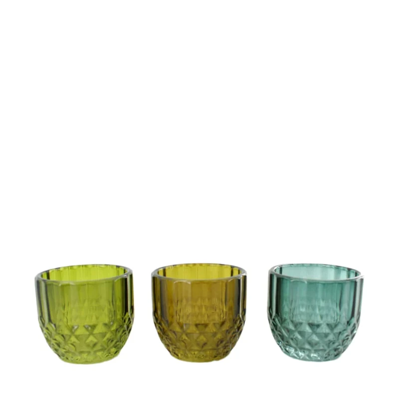 Tealight holder glass 6.5x6.5x5.8cm 3 assorti Mixed green