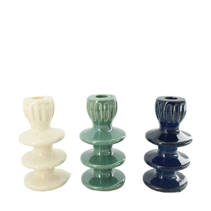 Dinnercandle holder ceramic 9x9x18cm 3 assorti Mixed blue