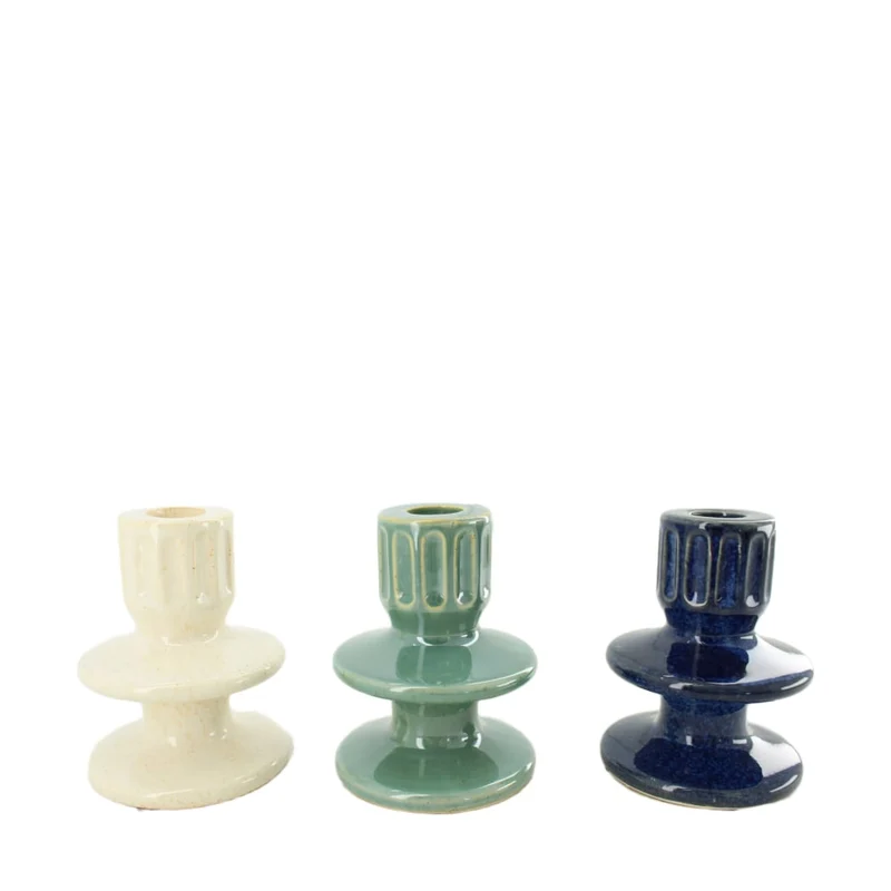 Dinnercandle holder ceramic 9x9x12cm 3 assorti Mixed blue