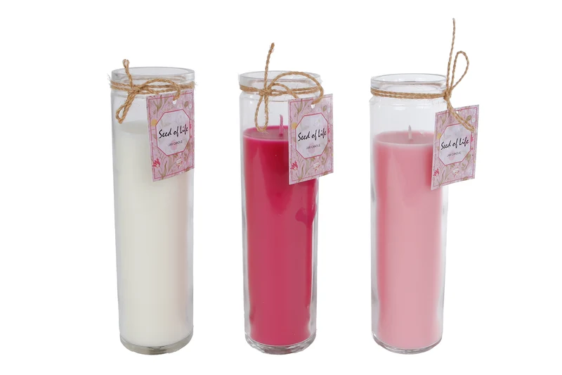 Kaars "Seed of Life" wit/roze/fuchsia 3 assortie glas/wax 5x5cm