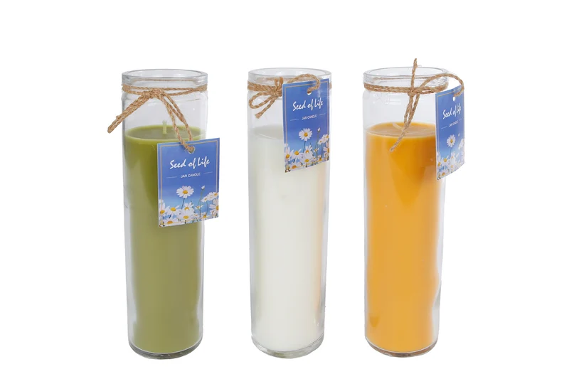 Kaars "Seed of Life" wit/geel/groen 3 assortie glas/wax 5x5cm