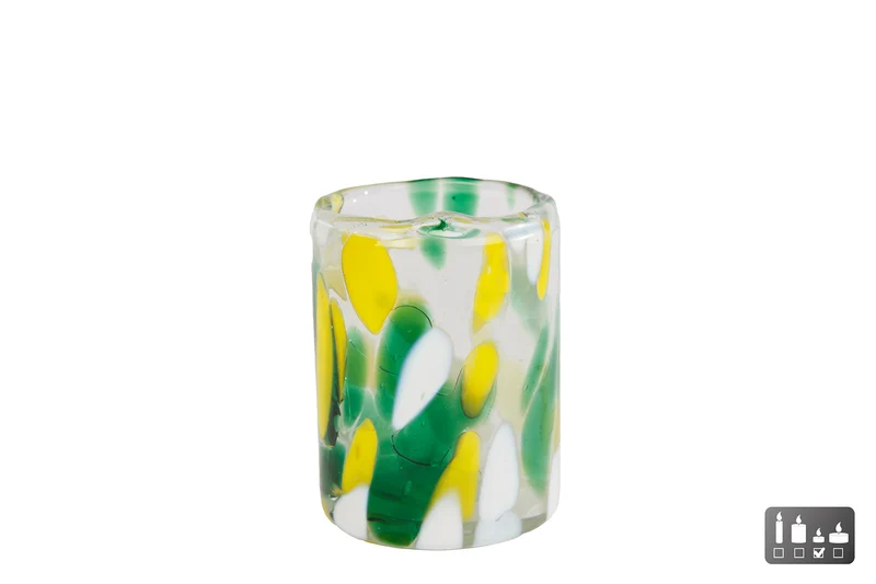 Theelichthouder "Dots" S geel/groen/wit glas 5,5x5,5x7cm