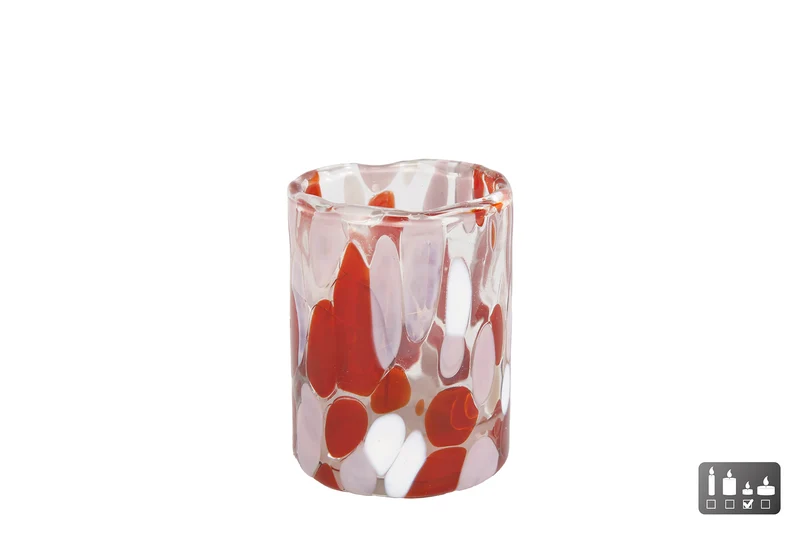 Theelichthouder "Dots" S roze/fuchsia/wit glas 5,5x5,5x7cm
